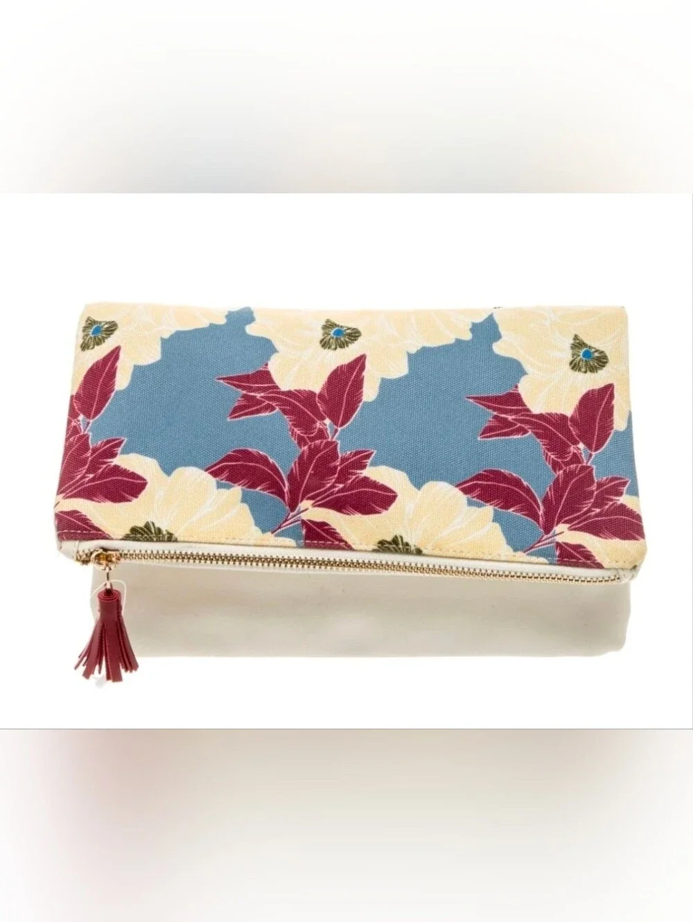 Rachel Pally Clutch Blue CanvasPrintedGold-Tone Hardware Leather TrimLeather